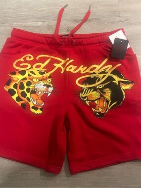 Ed Hardy Red Men's Graphic Panther Shorts with Gold Accents